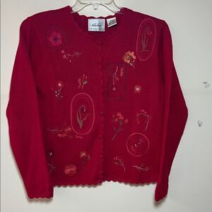 Vintage Size Medium Red Floral Embroidered LongSleeve Cardigan Sweater
